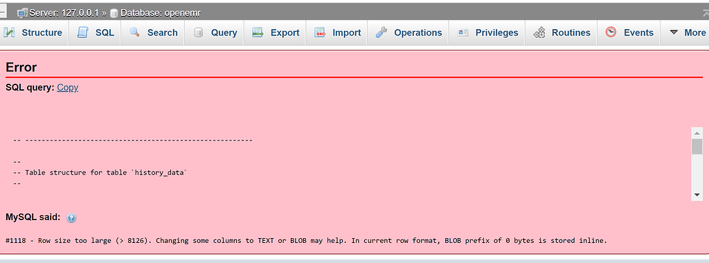 Row size too large 8126 . Changing some columns to TEXT or BLOB